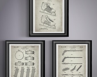 Hockey Patent Print Set, Ice Skate Puck Helmet Wall Art, NHL Fan Coach Gift, Rink Sports Decor Poster