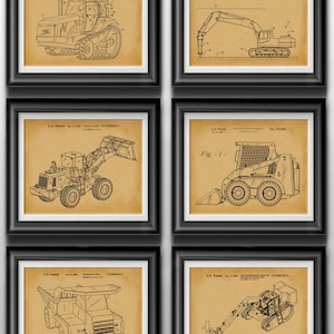 May include: A set of six framed vintage patent prints featuring different types of construction equipment. The prints are in black and white and have a yellowed background. The equipment includes a tractor, an excavator, a loader, and a bulldozer.