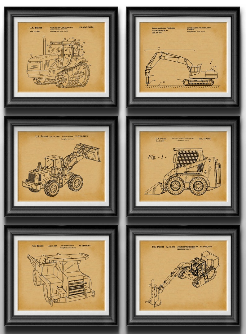 May include: A set of six framed vintage patent prints featuring different types of construction equipment. The prints are in black and white and have a yellowed background. The equipment includes a tractor, an excavator, a loader, and a bulldozer.