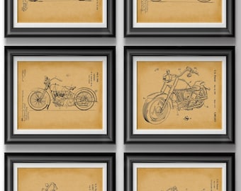Motorcycle Patent Print Set, Vintage Garage Wall Art, Biker Gift, Man Cave Chopper Blueprint Decor