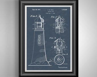 Lighthouse Patent Print, Nautical Coastal Wall Art, Sailor Gift, Beach House Maritime Decor Poster