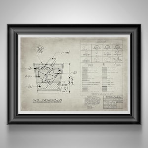 Old Fashioned Recipe Blueprint Mad Men Bourbon Bar Art, Speakeasy Decor, Gift for Bartender Gray