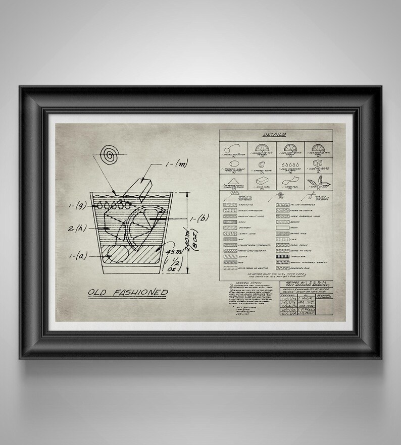 Old Fashioned Recipe Blueprint Mad Men Bourbon Bar Art, Speakeasy Decor, Gift for Bartender Gray