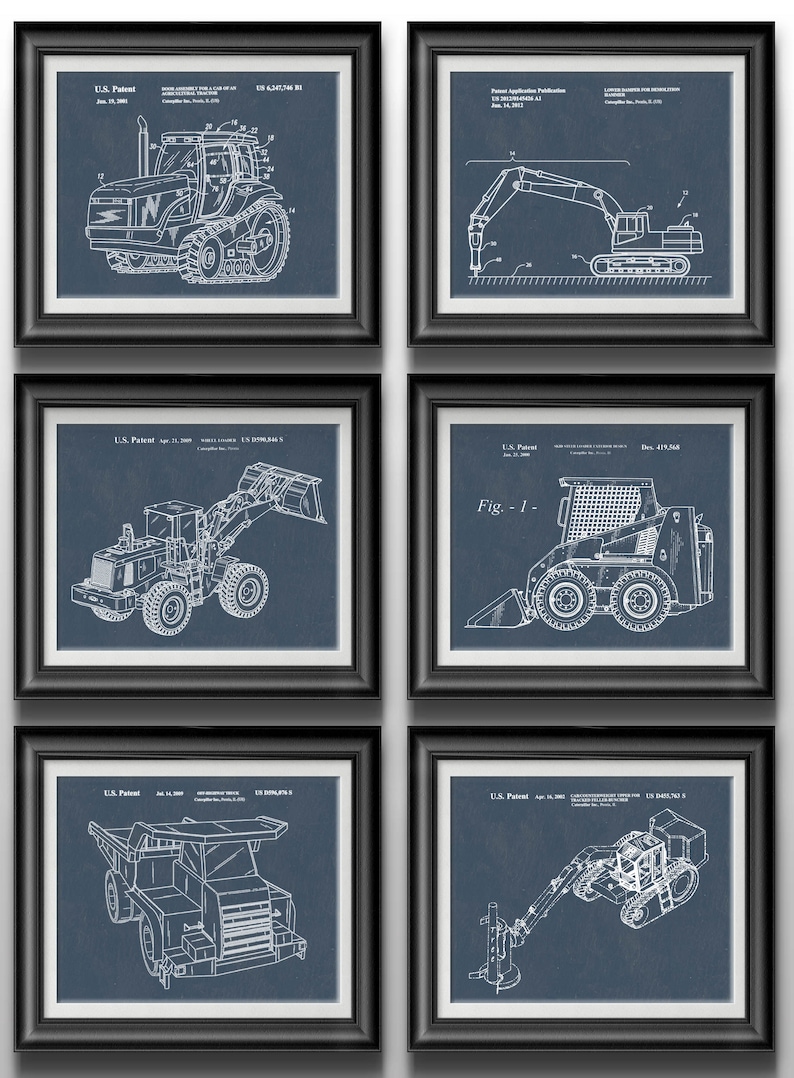 May include: A set of six framed prints featuring vintage blueprints of different types of construction equipment. The prints are on a blue background with white lines. The equipment includes a tractor, an excavator, a bulldozer, a skid steer loader, a dump truck, and a backhoe.