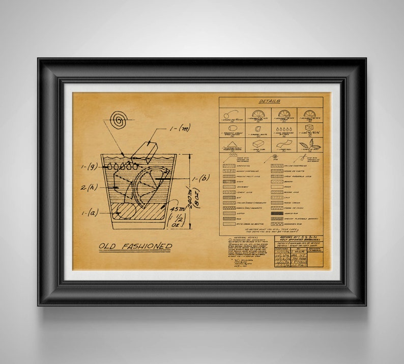 May include: A vintage style blueprint illustration of an Old Fashioned cocktail recipe. The drawing shows a glass with ice cubes, a lemon twist, and measurements in inches and ounces. The text "OLD FASHIONED" is printed below the illustration.