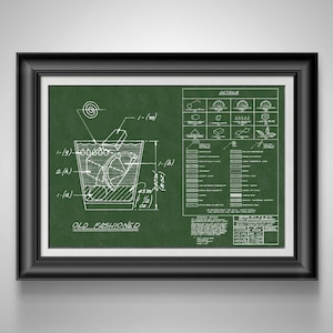 May include: A green and white blueprint style illustration of an Old Fashioned cocktail recipe. The illustration includes a diagram of a glass with ice, a lemon twist, and a cherry. The text "OLD FASHIONED" is printed below the diagram. The blueprint also includes a detailed list of ingredients and instructions.