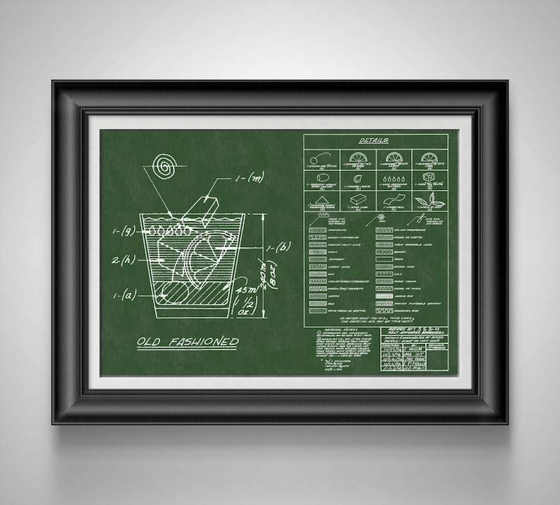 May include: A green and white blueprint style illustration of an Old Fashioned cocktail recipe. The illustration includes a diagram of a glass with ice, a lemon twist, and a cherry. The text "OLD FASHIONED" is printed below the diagram. The blueprint also includes a detailed list of ingredients and instructions.