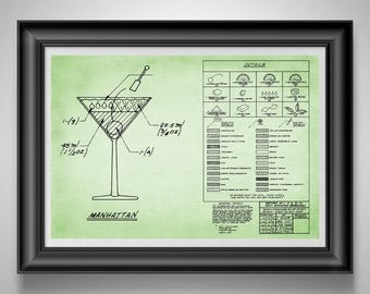 Manhattan Whiskey Cocktail Blueprint Print, Vintage Bar Wall Art, Mixologist Gift, Speakeasy Decor