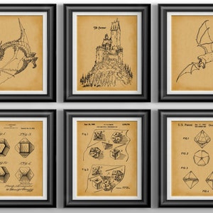 May include: Six framed prints with black frames. The prints feature black and white illustrations of a dragon, a castle, a bat, and geometric shapes. The background of each print is a tan color, giving them a vintage look.