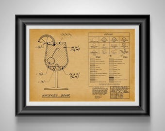 Whiskey Sour Recipe Blueprint Print, Vintage Bar Wall Art, Cocktail Gift, Speakeasy Home Bar Decor