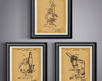 Microscope Patent Print Set, Vintage Science Wall Art, Biology Teacher Gift, Lab Crime Tech Decor