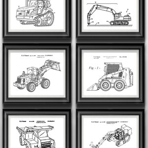 May include: A set of six black framed prints featuring line drawings of different types of construction equipment. The prints include a tractor, an excavator, a front loader, a skid steer loader, a dump truck, and a backhoe. Each print includes the text "U.S. Patent" and the patent number.