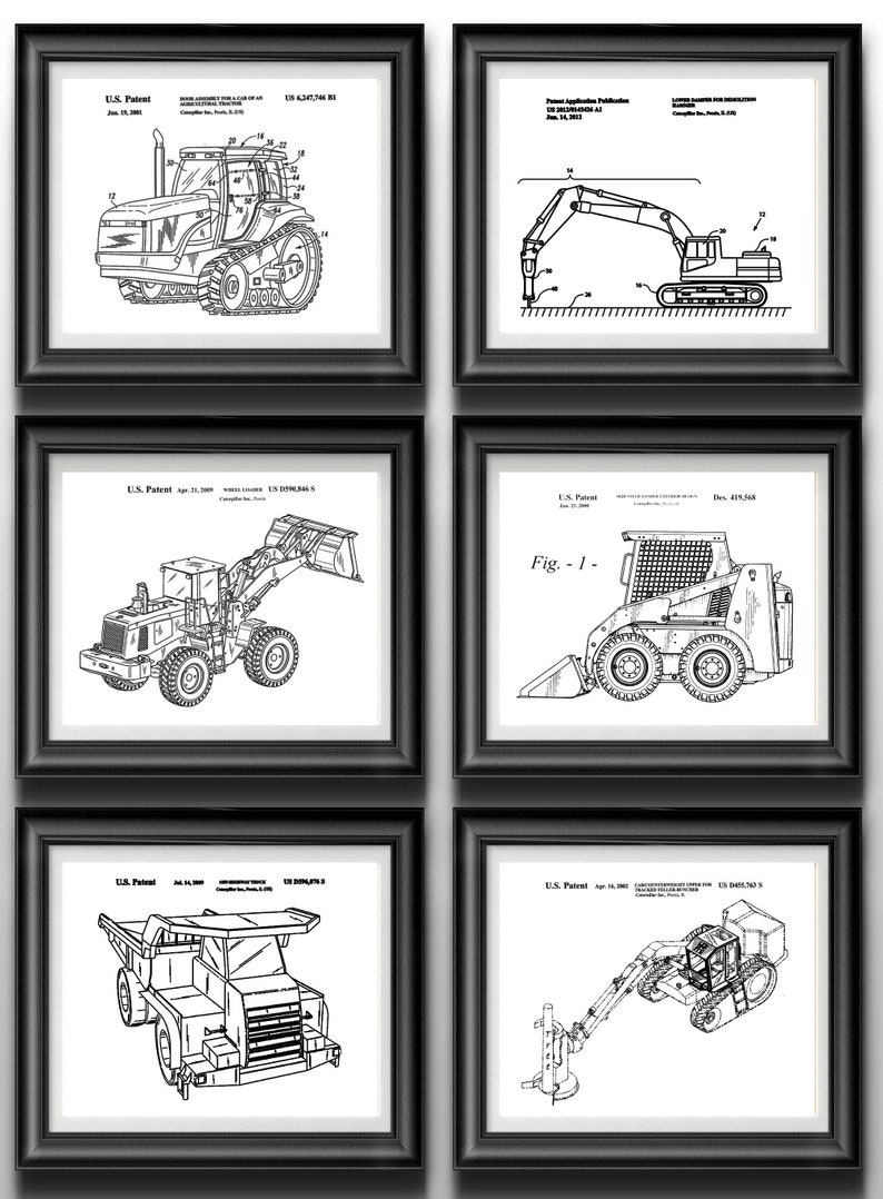 May include: A set of six black framed prints featuring line drawings of different types of construction equipment. The prints include a tractor, an excavator, a front loader, a skid steer loader, a dump truck, and a backhoe. Each print includes the text "U.S. Patent" and the patent number.