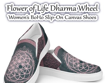 Flower of Life Dharma Wheel • Women’s BoHo Slip-On Canvas Shoes • Sacred Geometry Sneaker • Spiritual Footwear Fashion • Yoga Hippie Mandala