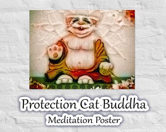 Protection Cat Buddha • Meditation Poster • Zen Wall Art Print • Sacred Geometry BoHo Home Décor • Colorful Mandala Gallery • Handmade Gift
