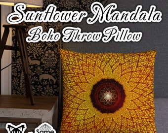 Sunflower Mandala • BoHo Throw Pillow & Case • Sacred Geometry Decorative Pillow • Zen Rustic and Eclectic Home Décor • Meditation Gift
