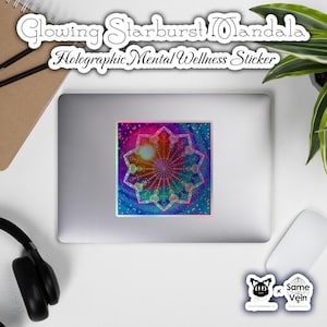 Gloeiende starburst-mandala • Holografische sticker geestelijke wellness • Spirituele heilige geokunst • Zen-laptopdecor • BoHo-meditatie sticker cadeau