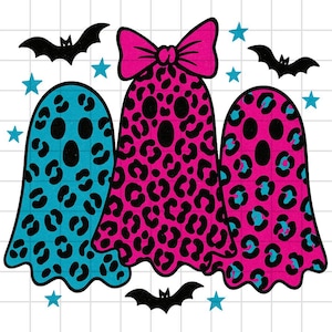 May include: A whimsical Halloween-themed illustration featuring three ghost figures with a leopard print design in shades of pink and teal. The central ghost has a pink bow. Black bats and blue stars complete the design.