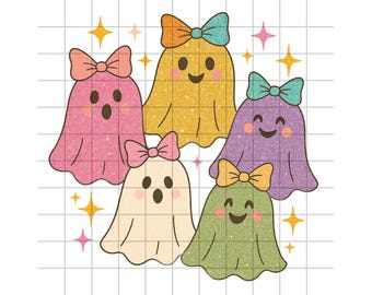 Glitter Bow Ghost PNG: Pastel Halloween Clipart - Sublimation Design