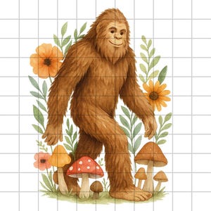 以下が含まれることがあります： フレンドリーなビッグフットが前に歩いている水彩イラスト。茶色で毛むくじゃらの生き物は、オレンジ色の花、緑の葉、さまざまなキノコに囲まれています。背景はグリッドです。