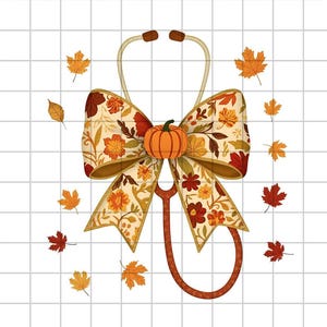 May include: A fall-themed illustration featuring a stethoscope with a decorative bow and a pumpkin. The bow is adorned with floral patterns in shades of orange, brown, and yellow. Scattered around are autumn leaves in various colors.