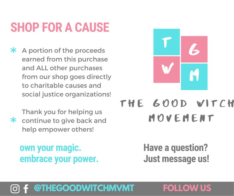 May include: A pink and blue graphic with the text "THE GOOD WITCH MOVEMENT" and the letters "T", "G", "W", and "M" in squares. The text "SHOP FOR A CAUSE" is at the top of the image. The text "own your magic. embrace your power." is at the bottom of the image. The text "@THEGOODWITCHMVMT" is at the bottom of the image. The text "FOLLOW US" is at the bottom of the image.