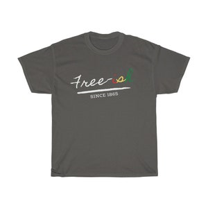 Pode incluir: T-shirt cinzenta escura com a frase "Free-ish" em escrita branca, com o "i" a vermelho e o "sh" a verde. Abaixo do texto est&aacute; a frase "SINCE 1865" em branco, com uma linha branca por baixo.