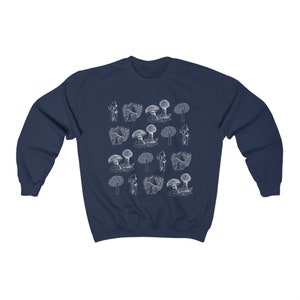 May include: Navy blue sweatshirt with a white mushroom graphic print. The mushrooms are arranged in a repeating pattern across the front of the sweatshirt.