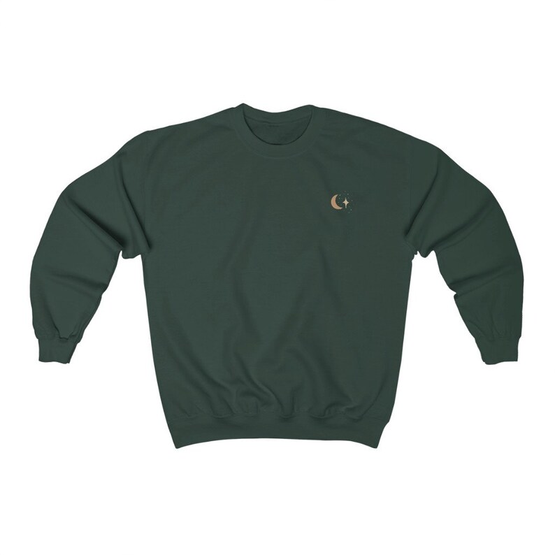 May include: A dark green sweatshirt with a crescent moon and star embroidery on the chest.