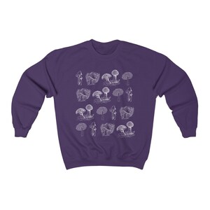 May include: Purple sweatshirt with a white outline of various mushrooms printed on the front.