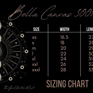 Op de afbeelding: Een maattabel voor Bella Canvas 3001 T-shirts, die de breedte en lengte in inches laat zien voor maten XS tot XXXL.