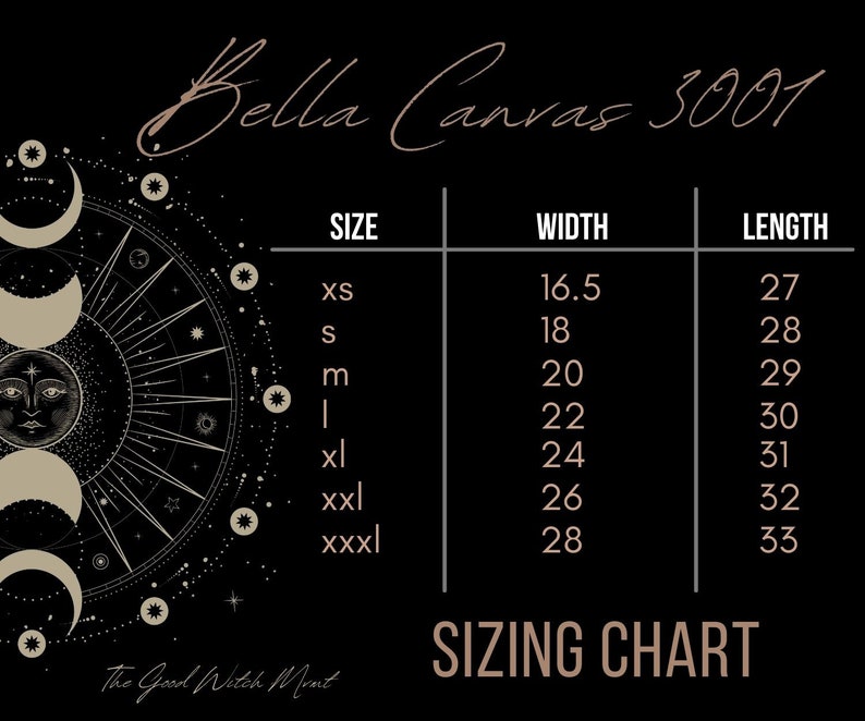 Op de afbeelding: Een maattabel voor Bella Canvas 3001 T-shirts, die de breedte en lengte in inches laat zien voor maten XS tot XXXL.