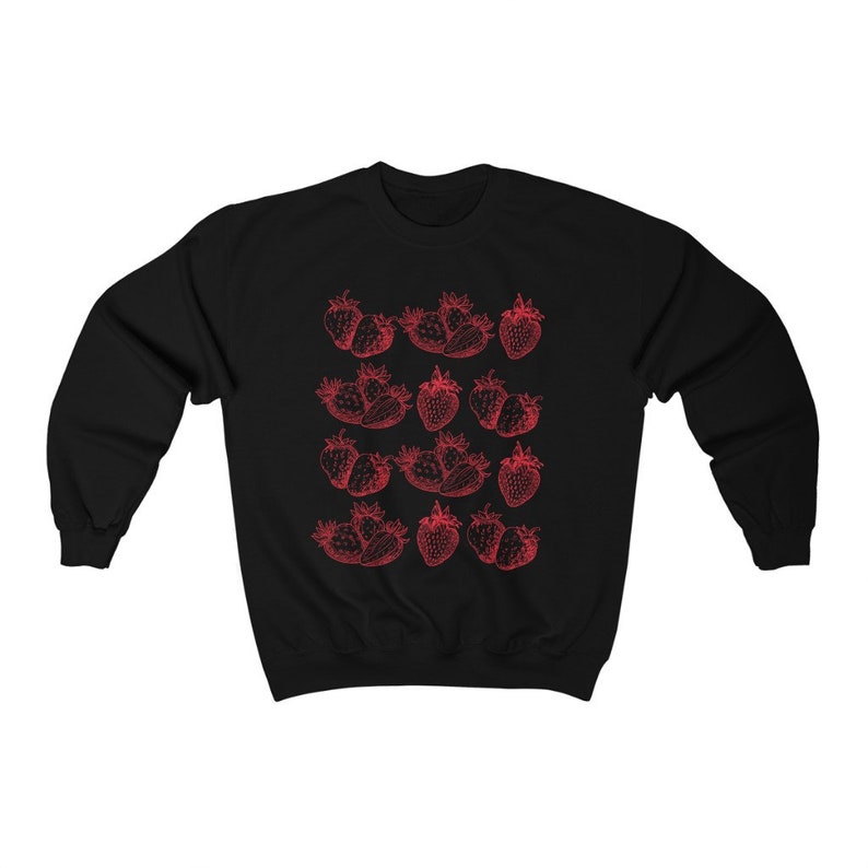 May include: Black sweatshirt with a red outline of strawberries printed on the front.