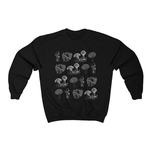 May include: Black sweatshirt with a white graphic print of various mushrooms.