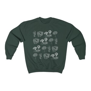 May include: A dark green sweatshirt with a white print of various types of mushrooms. The mushrooms are arranged in a repeating pattern.