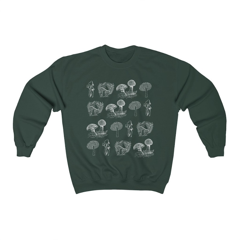 May include: A dark green sweatshirt with a white print of various types of mushrooms. The mushrooms are arranged in a repeating pattern.
