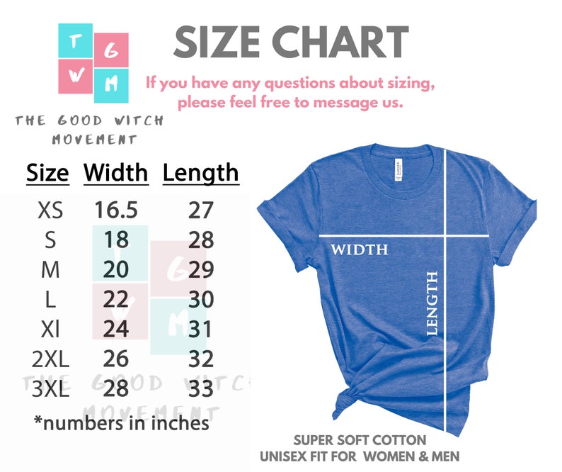 Pode incluir: Uma camiseta azul com uma tabela de tamanhos. A tabela lista os tamanhos XS a 3XL com medidas de largura e comprimento em polegadas. O texto diz "SUPER SOFT COTTON UNISEX FIT FOR WOMEN & MEN."