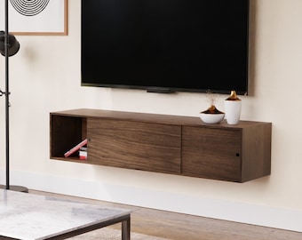 Solid Walnut XL  Floating Media Console Table with Sliding Doors, TV Stand