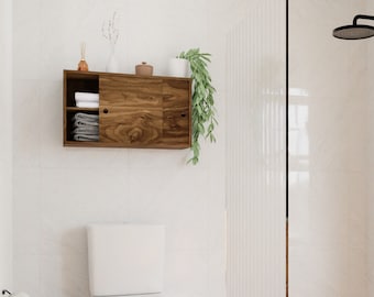 Walnut Floating Storage Cupboard, Bathroom Cabinet with Sliding Doors