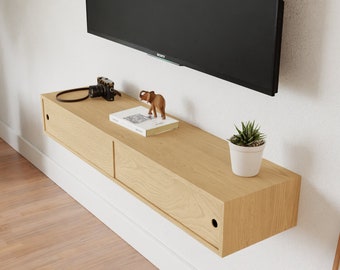 Floating Media Console TV Stand with Sliding Doors in Solid Hard Maple