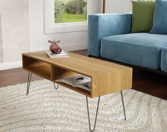 White Oak Coffee Table with Stainless Steel Hairpin Legs, Mid Century Modern