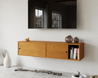 Mesa consola multimedia flotante de cerezo macizo con puertas correderas, soporte para TV