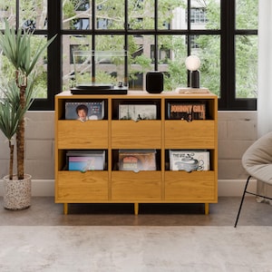May include: A light wood record cabinet with six drawers and a turntable on top. The cabinet is filled with vinyl records and has a black lamp on the top shelf. The cabinet is in front of a large window with a view of trees.