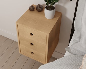 Narrow Floating Nightstand in Maple Wood with 1, 2 or 3 Drawers in Walnut / Mid Century Modern Bedside Table Solid Maple