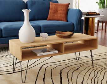 Maple Coffee Table with Stainless Steel Hairpin Legs, Mid-Century Modern Style