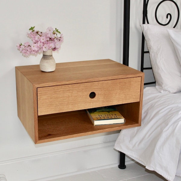 Floating Nightstand with Drawer in White Oak, Modern Bedside Table
