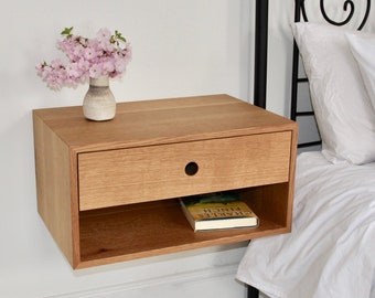 Floating Nightstand with Drawer in White Oak, Modern Bedside Table