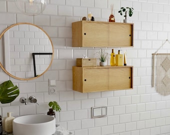 White Oak Floating Bathroom Storage Cabinet with Sliding Doors