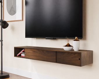 Walnut Floating TV Stand Media Console with Sliding Doors, TV Stand