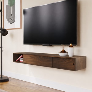 Walnut Floating TV Stand Media Console with Sliding Doors, TV Stand image 1